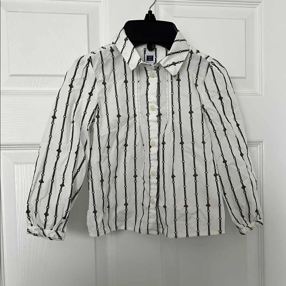 Janie and Jack White Shirt with Dark Green Stripes and Equestrian Patterning